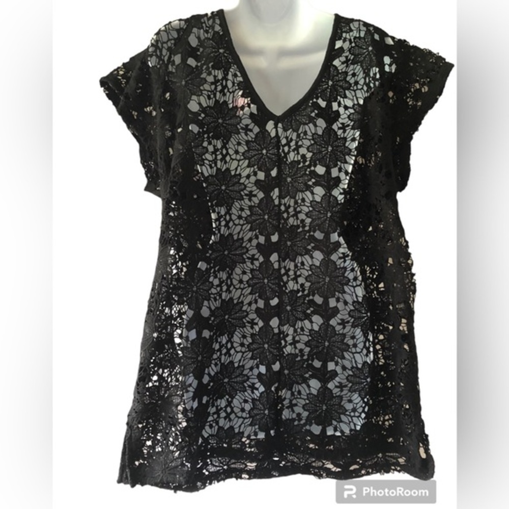 Xhilaration Swim Cover Up Sz Large Black Flowers Crochet Beach Dress Polyester